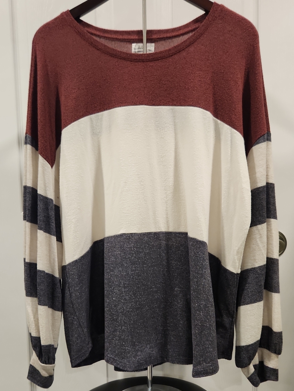 Maurices Colorblock Crewneck Sweater in Burgundy, Cream & Charcoal